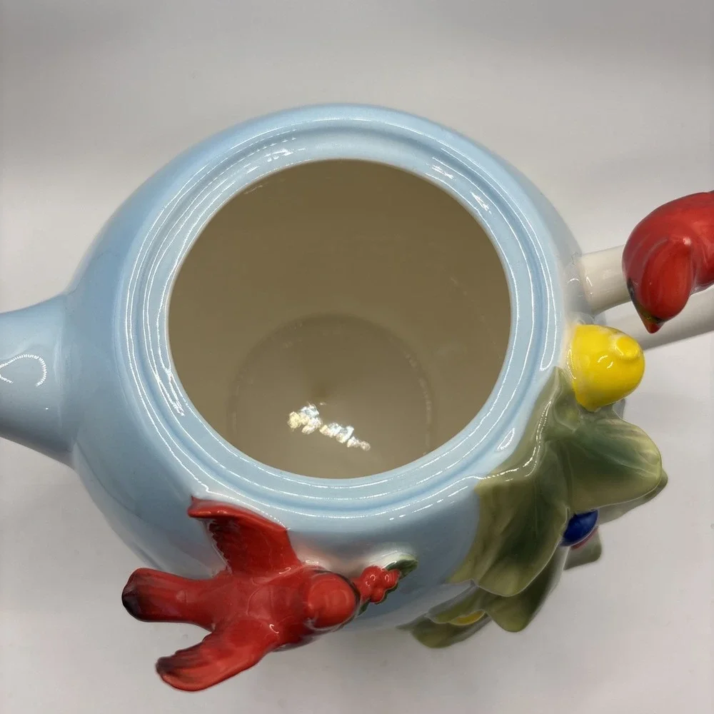 Vtg Pier 1 Imports Christmas Tree & Cardinal 3D Hand-painted‎ Porcelain Teapot